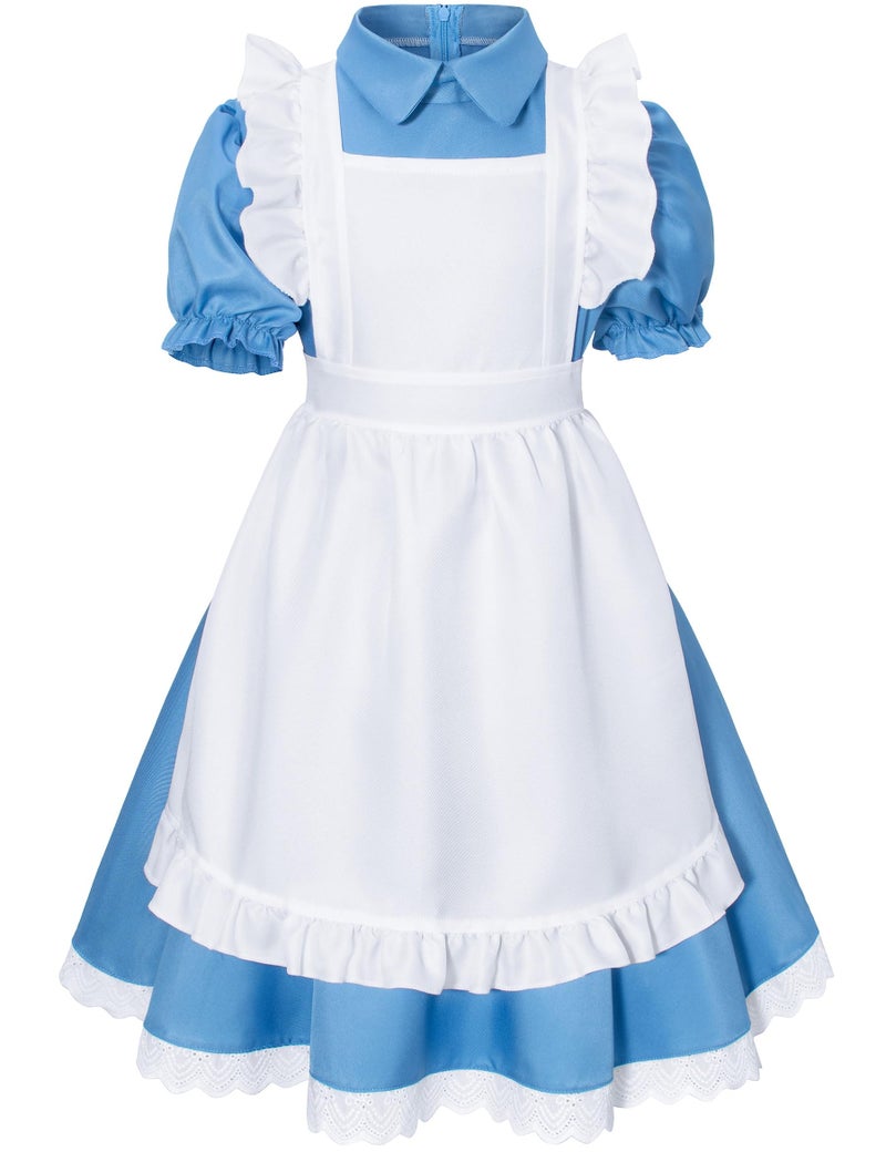 Irtysh Girl Blue Dress White Apron Halloween Cosplay Costume With Bow Hair Band Stockings Set(130) - Image 3